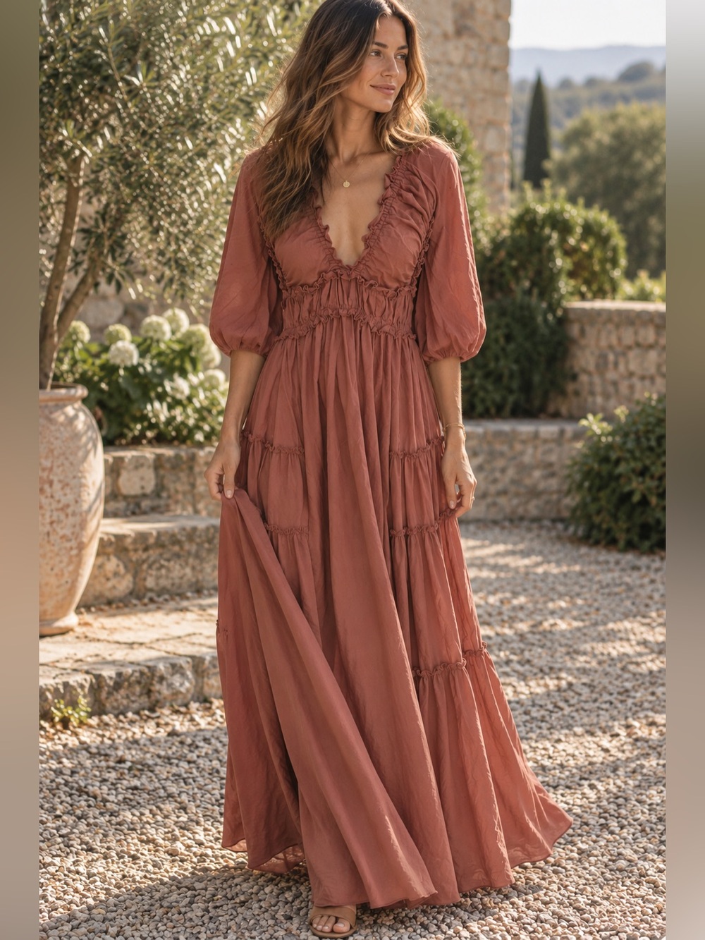Smocked Waist Rust Maxi Dress with Puff Sleeves